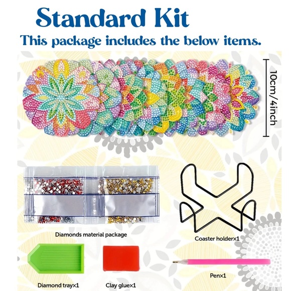 DIY 8 Lotus Flower Coasters, 5D Diamond Painting Kit W/ Tools and Rhinestones - Picture 5 of 7